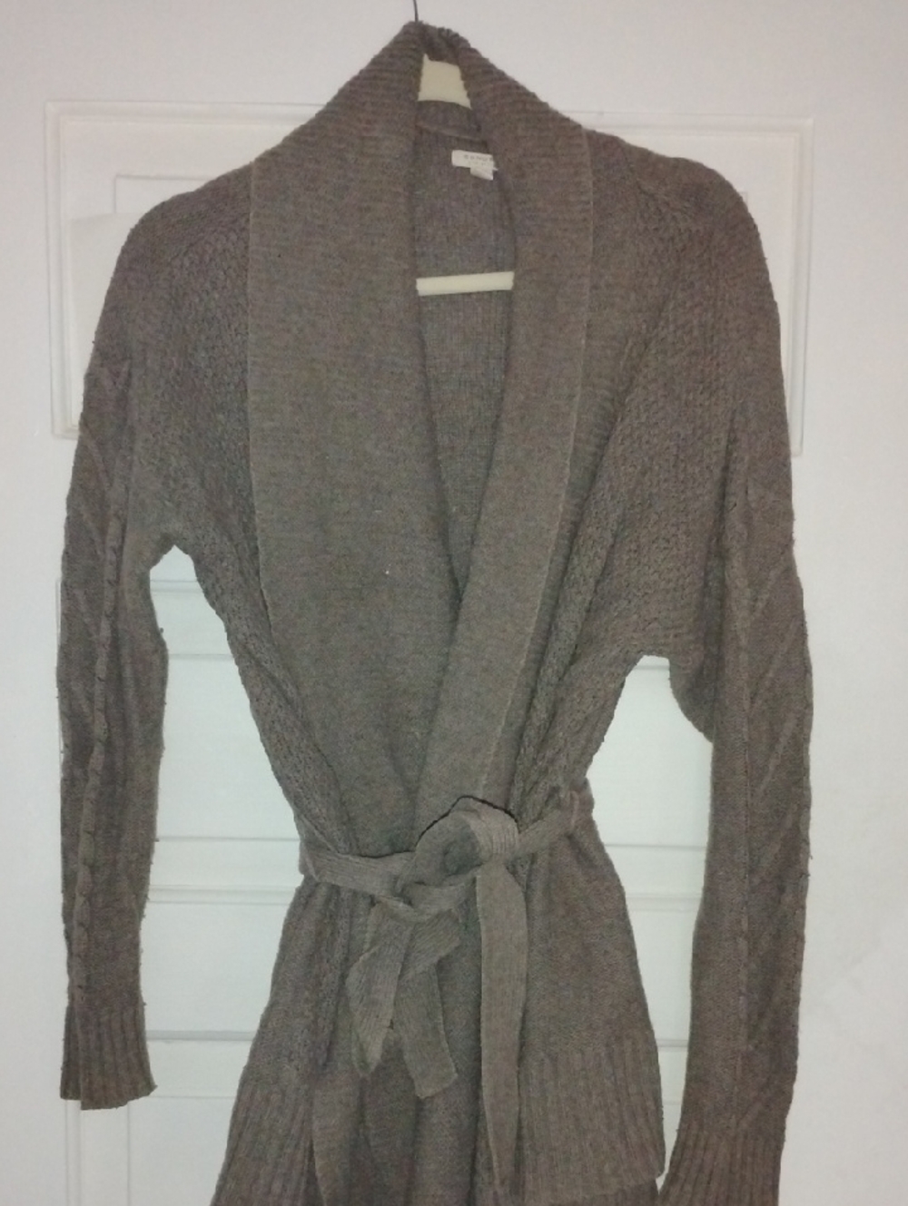 Sonoma Taupe Shawl-Collar Belted Cable Knit Cardigan